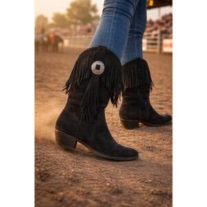 Vintage Silver Star Women's Black Suede Fringe Western Boots Concho Size 8